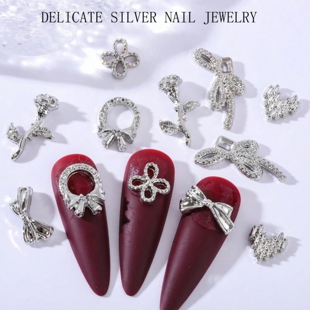 60 Piece 6 Grid Box Nail Jewelry Silver Tulip Bow Rose Heart Nail Rhinestone Kit - Picture 5 of 7